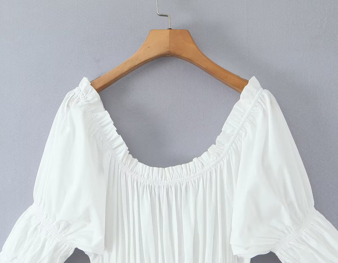 Winter French round Neck Puff Sleeve Chest Lace up Waist Trimming Short Sleeved Stretch Dress Large Swing