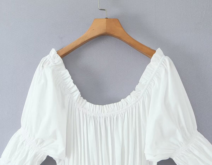 Winter French round Neck Puff Sleeve Chest Lace up Waist Trimming Short Sleeved Stretch Dress Large Swing