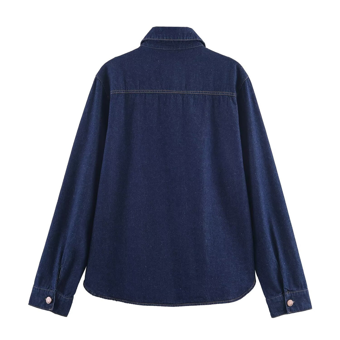 Sexy Antique Dark Blue Denim Shirt Women Autumn Polo Collar Loose Single Breasted Long Sleeve Top