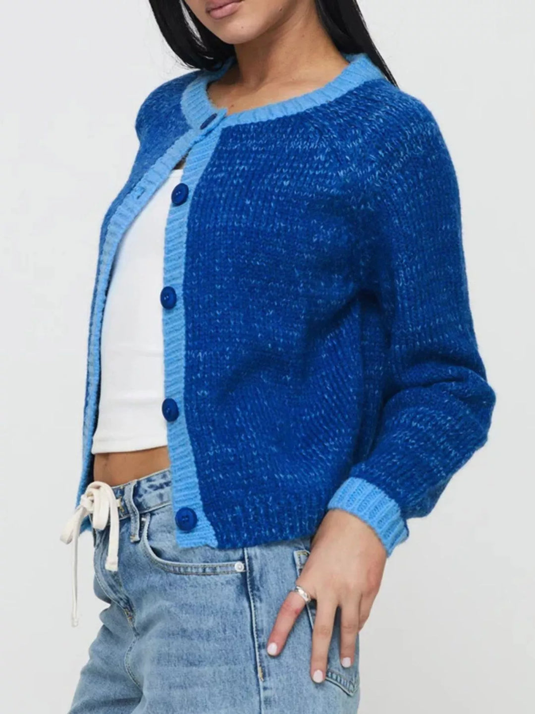 Contrast Trim Button-Up Cardigan