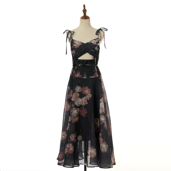 Women Vacation Silk Corded Halter Top With Openwork Design Long Dress Featuring Large Diamond Embellishments