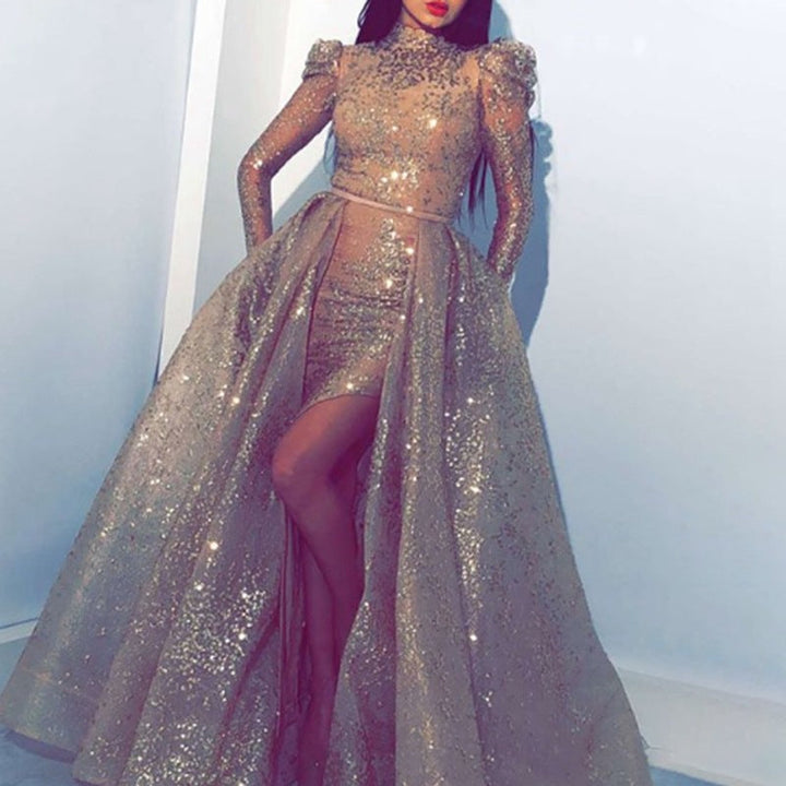 Women Clothing Independent Stand with Gold Big Swing Sexy Dress Slit Cocktail Evening Dress