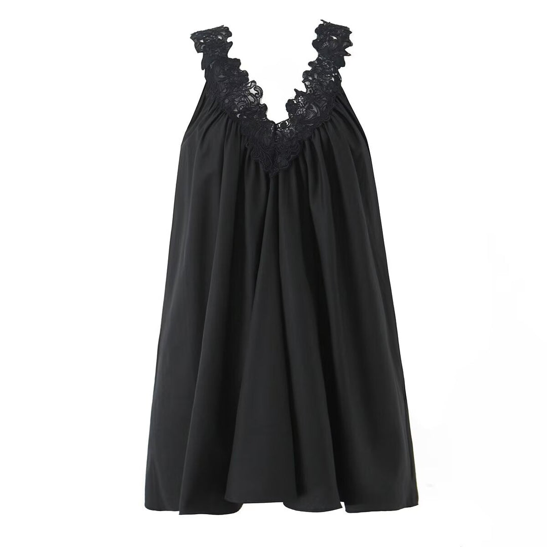 Sexy V neck Sleeveless Lace Stitching Ruffle Design Dress