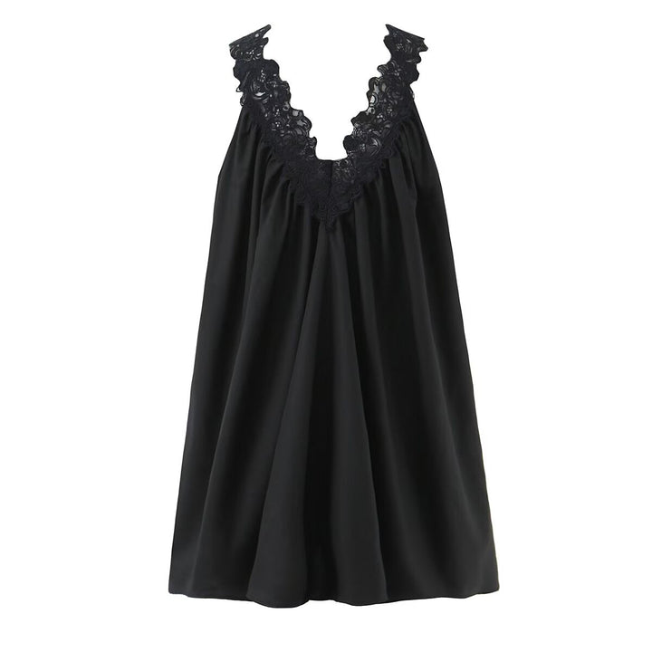 Sexy V neck Sleeveless Lace Stitching Ruffle Design Dress