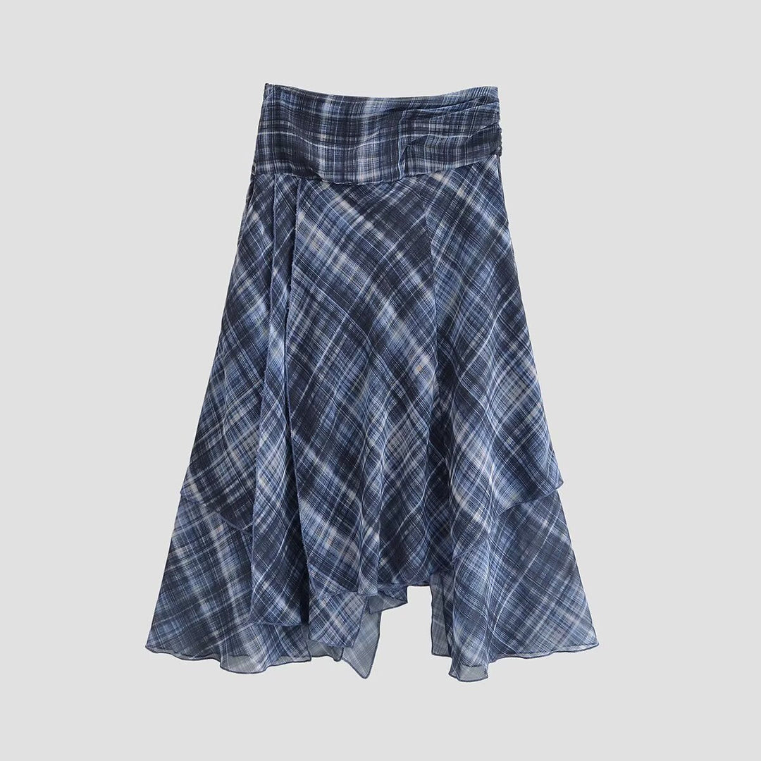 Women Clothing Autumn Beautiful Mid Waist Asymmetric Plaid Irregular Asymmetric Skirt Women