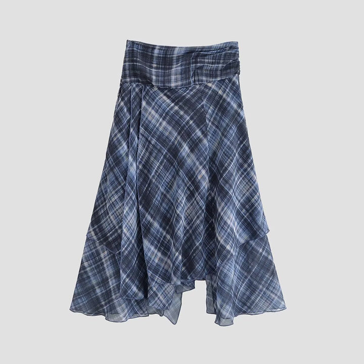 Women Clothing Autumn Beautiful Mid Waist Asymmetric Plaid Irregular Asymmetric Skirt Women