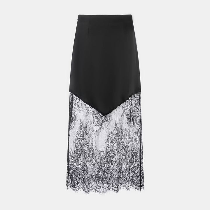 Women Clothing Winter Sexy See through Lace Stitching High Waist Skirt Long Skirt