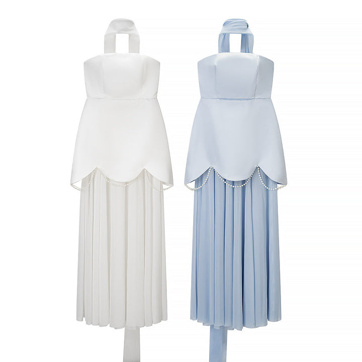 Women Clothing Winter Sexy Backless Sleeveless Solid Color Tube Top Mesh Stitching Dress