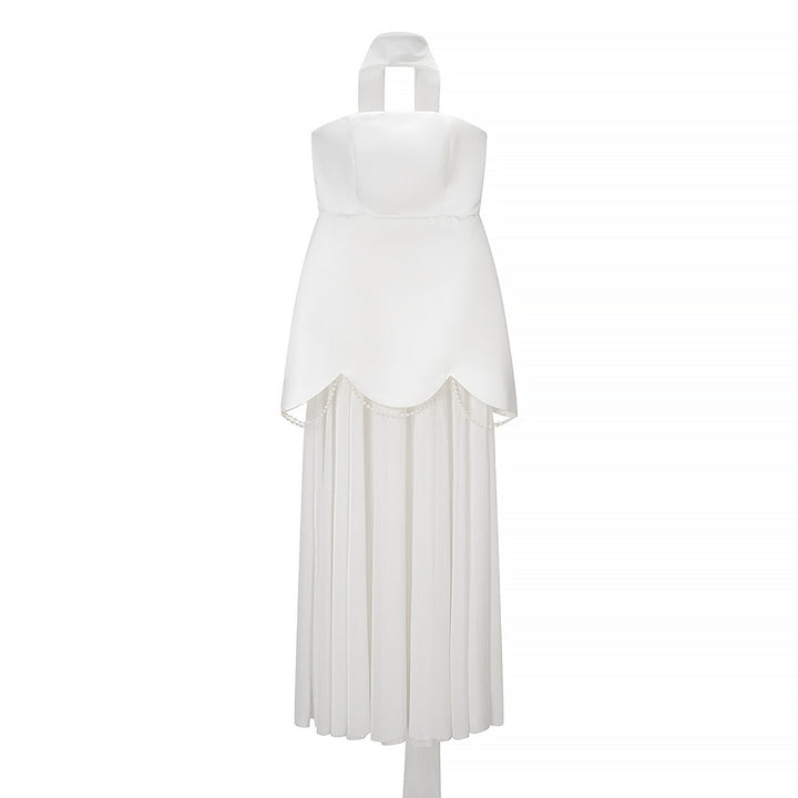 Women Clothing Winter Sexy Backless Sleeveless Solid Color Tube Top Mesh Stitching Dress