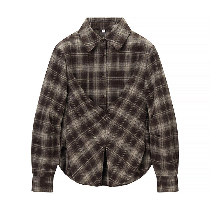 Winter Women Clothing Personalized Waist Design Retro Plaid Shirt