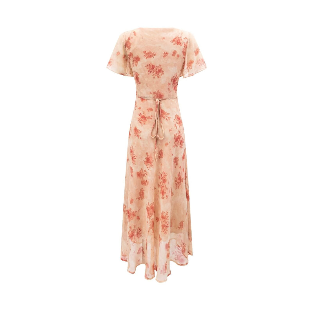 Women Clothing Elegant Pink Floral V neck Pullover Dress Women Waist Controlled Slimming Dress