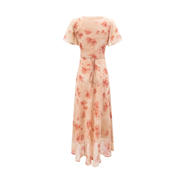 Women Clothing Elegant Pink Floral V neck Pullover Dress Women Waist Controlled Slimming Dress