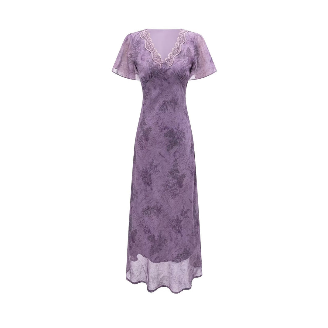 Elegant Slimming V Neckline Pullover Lace Stitching Design Dress Lace up Waist Tight Purple Dress