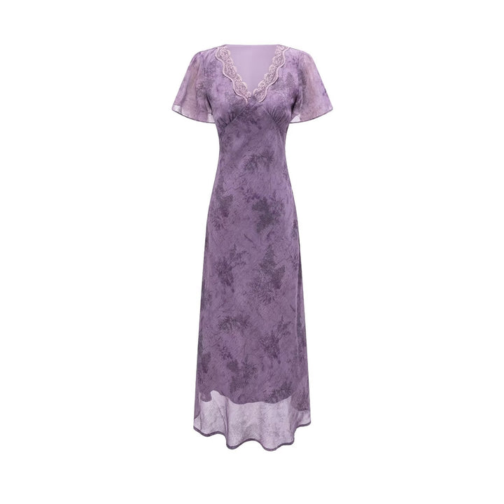 Elegant Slimming V Neckline Pullover Lace Stitching Design Dress Lace up Waist Tight Purple Dress