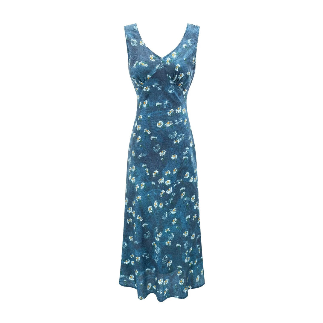 Winter Retro Printed Sexy V neck Lace up Tight Waist Blue Background Printed Dress