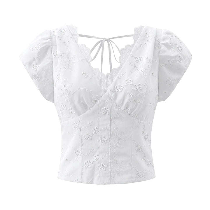 Vietnam Niche Sweet Embroidered Hollow Out Cutout Three Dimensional Jacquard Design Back Zipper Puff Sleeve V neck Shirt Top