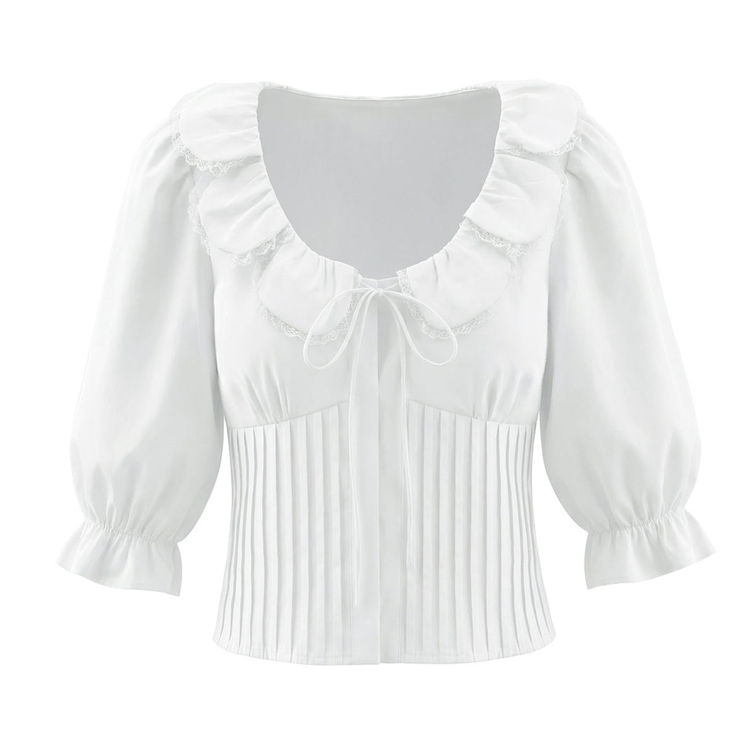 French Sweet Design Petal Scoop Lace Stitching Ruffle Slim Shirt Solid Color Tied Top