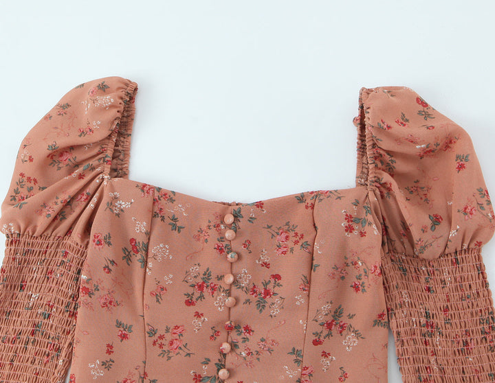Women Early Spring Floral Printed Sexy Square Collar Slimming Elastic Puff Sleeve Shirt