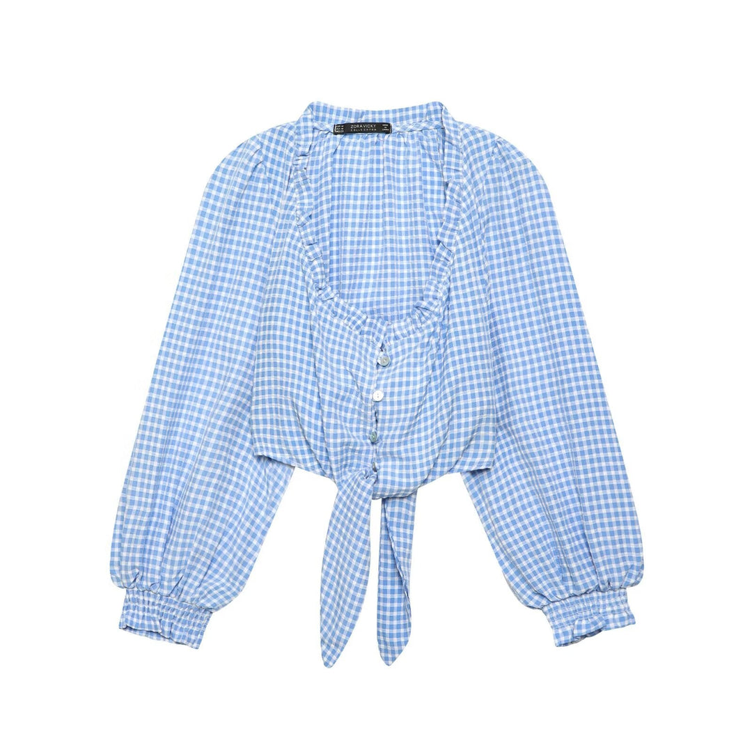 Women Clothing Spring Sexy Square Collar Blue Plaid Short Long Sleeve Top
