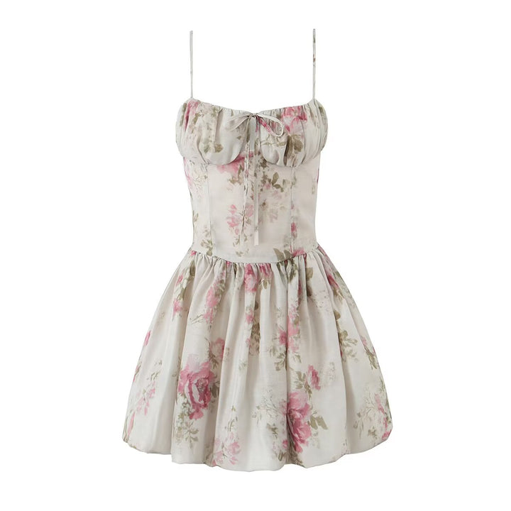 French Floral Strap Dress for Women Summer Sexy Holiday Slim Fit Slimming Cinched Short Dress