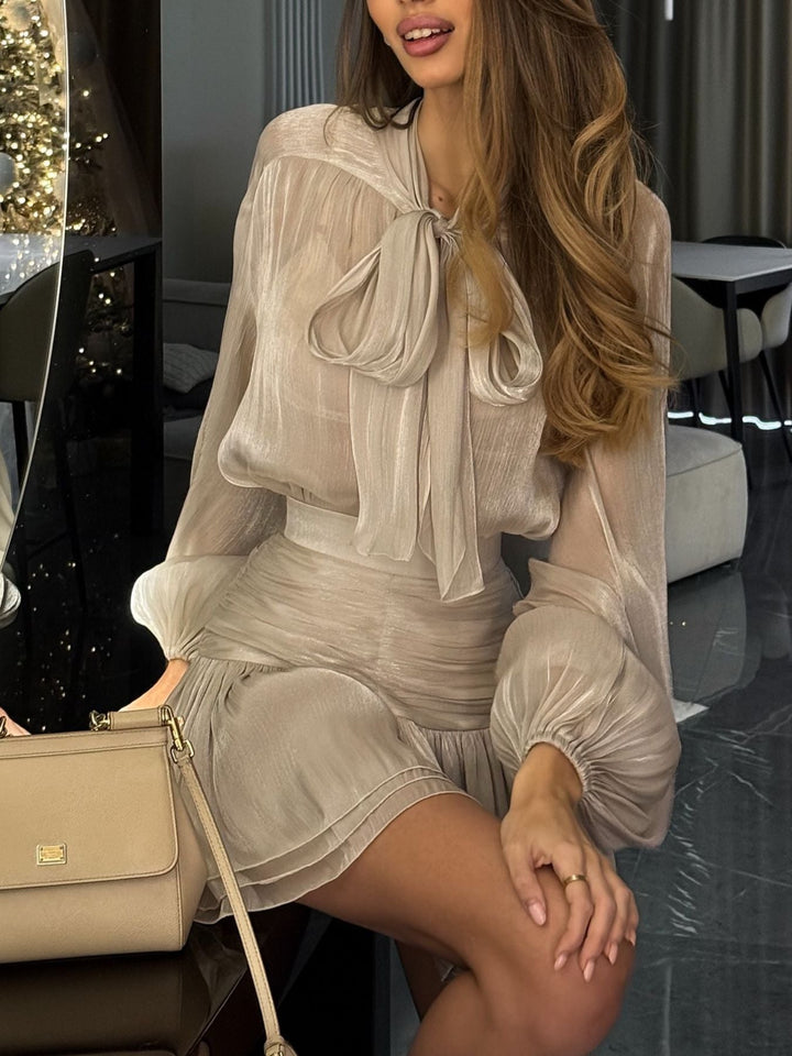 Bow-Tie Blouse and Ruched Mini Skirt Set