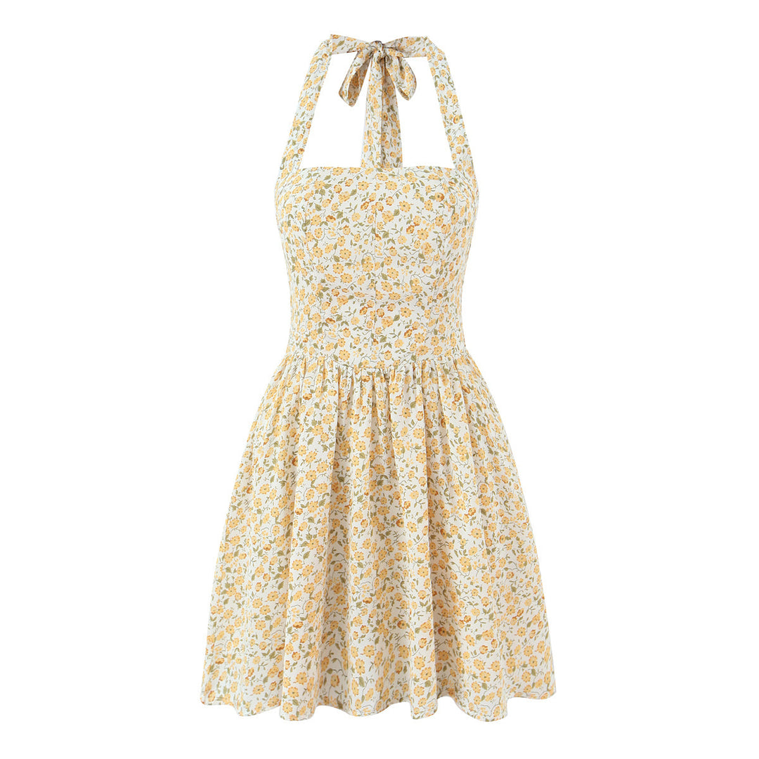French Vintage Small Floral Printed Sexy Halter Dress Summer Waist Controlled Slim Fit Slimming Holiday Short Dress
