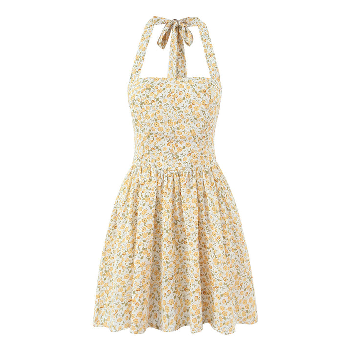 French Vintage Small Floral Printed Sexy Halter Dress Summer Waist Controlled Slim Fit Slimming Holiday Short Dress