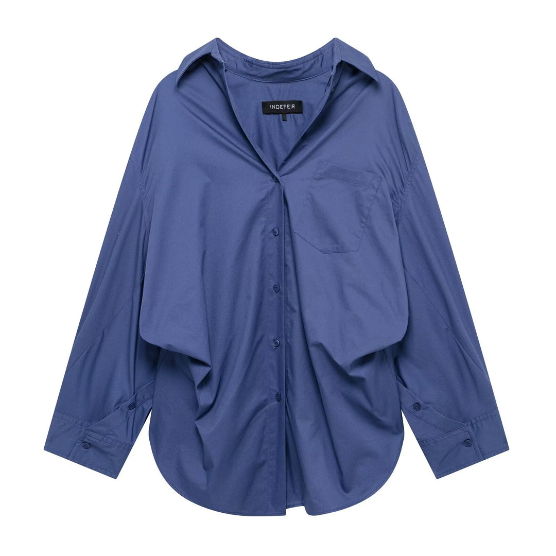 Women Clothing Patchwork Striped Poplin Loose Collared Long Sleeves Shirt
