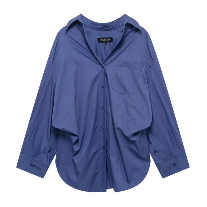 Women Clothing Patchwork Striped Poplin Loose Collared Long Sleeves Shirt