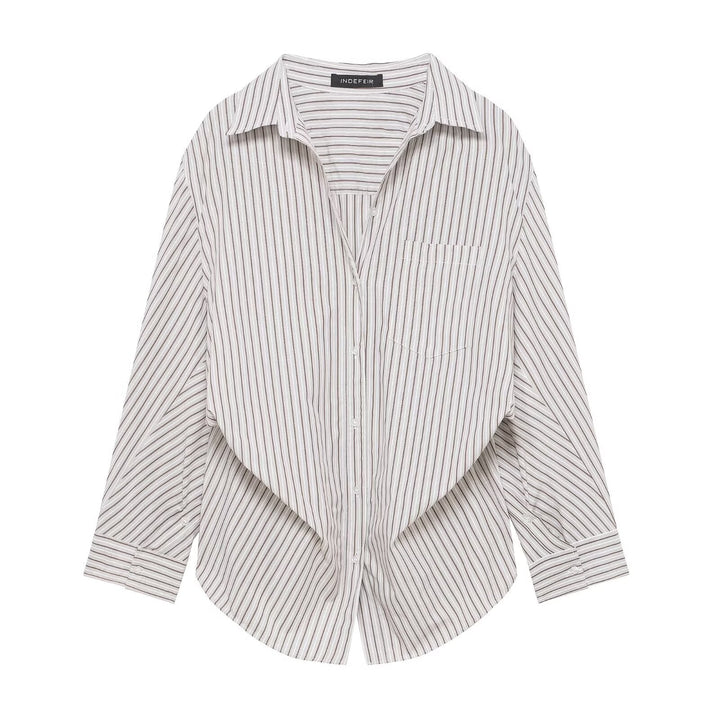 Women Clothing Patchwork Striped Poplin Loose Collared Long Sleeves Shirt