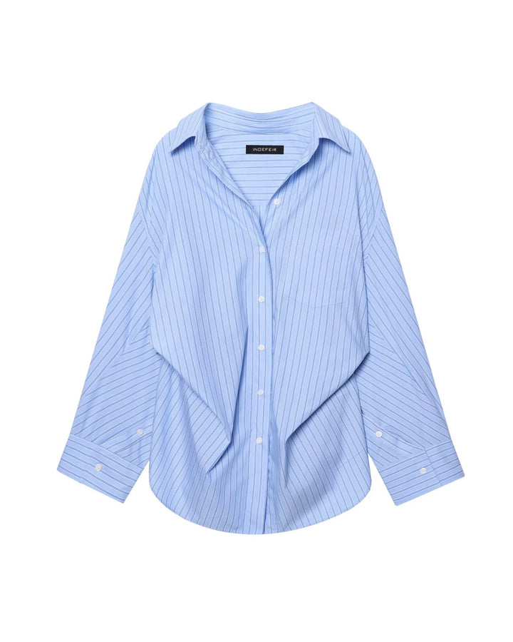 Women Clothing Patchwork Striped Poplin Loose Collared Long Sleeves Shirt