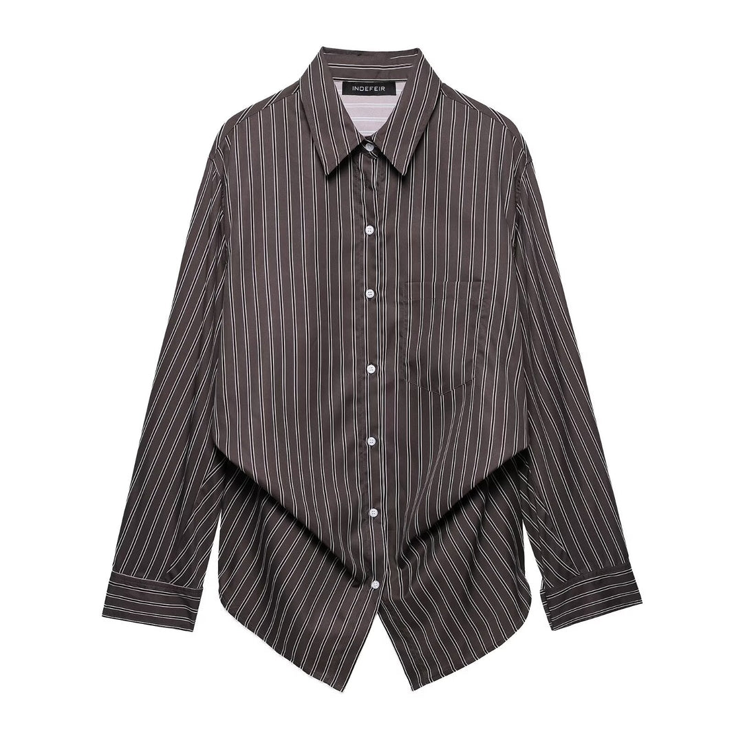 Women Clothing Patchwork Striped Poplin Loose Collared Long Sleeves Shirt