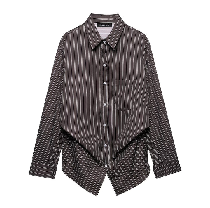 Women Clothing Patchwork Striped Poplin Loose Collared Long Sleeves Shirt
