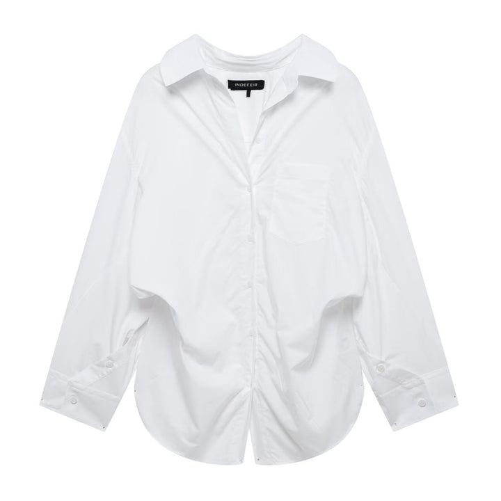 Women Clothing Patchwork Striped Poplin Loose Collared Long Sleeves Shirt
