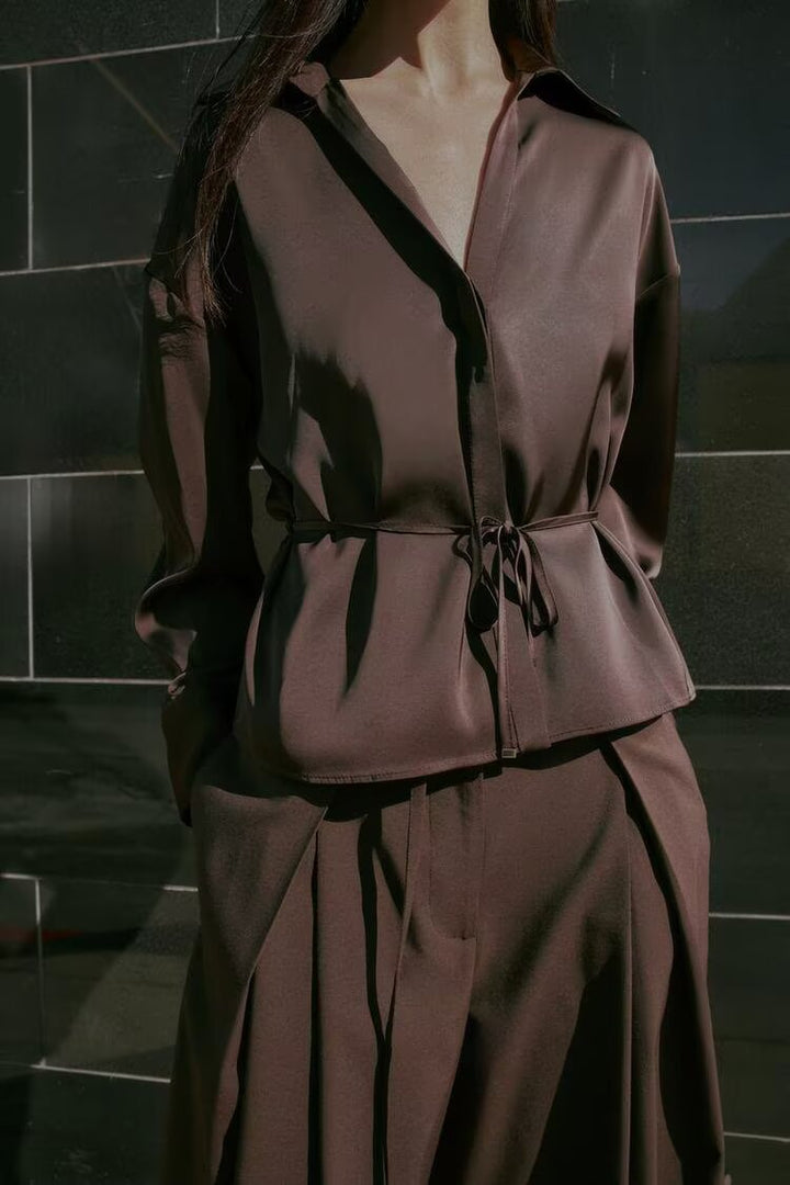 Women Clothing Summer All Matching with Belt Silk Satin Textured Shirt