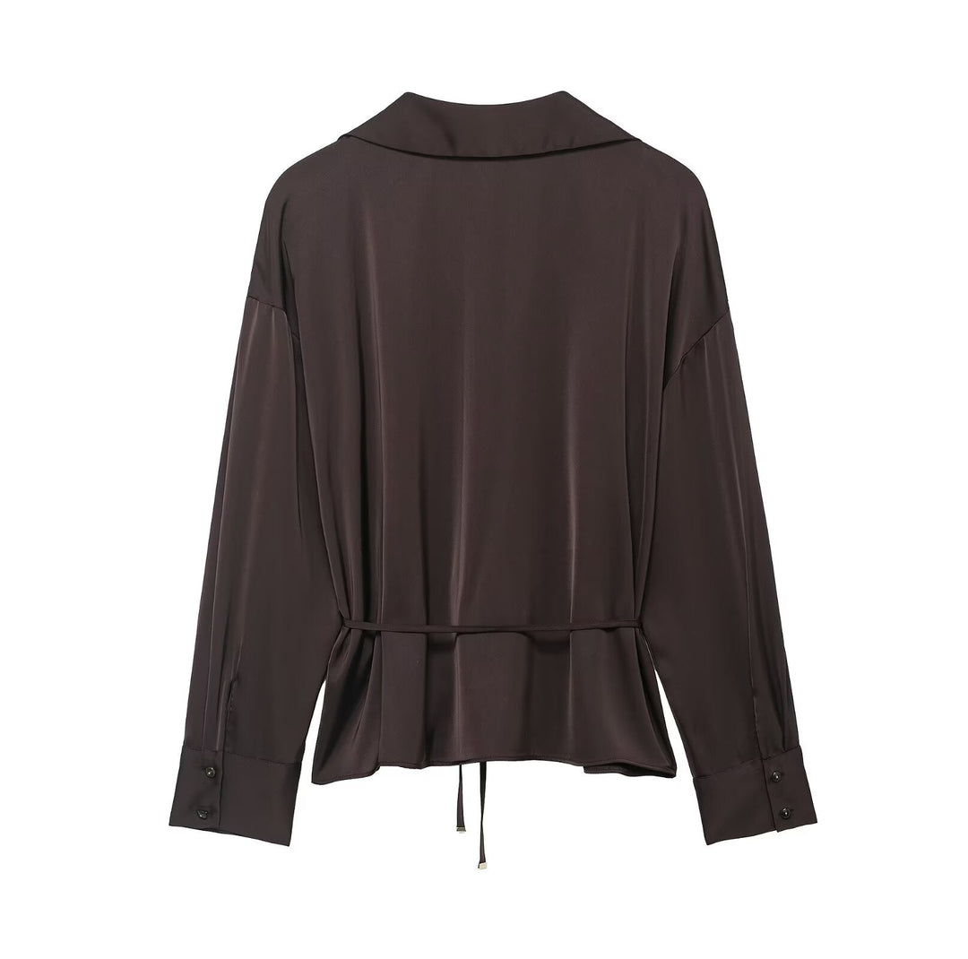 Women Clothing Summer All Matching with Belt Silk Satin Textured Shirt