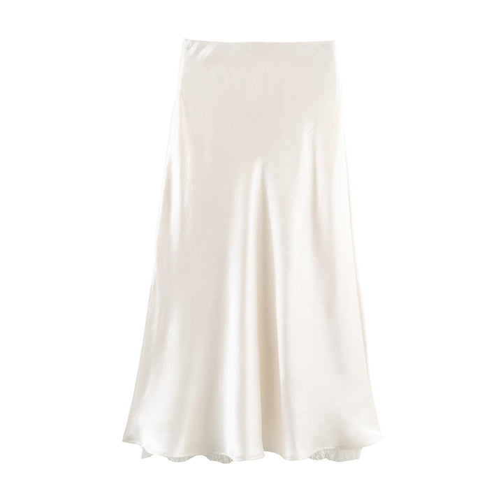 Satin Acetate Lace Patchwork Slit Skirt Long Skirt