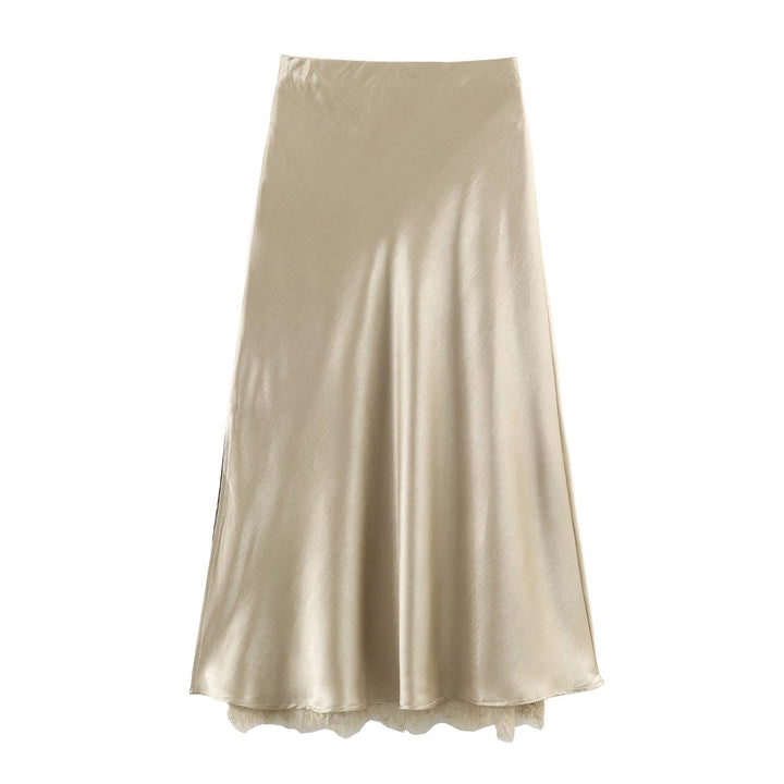 Satin Acetate Lace Patchwork Slit Skirt Long Skirt