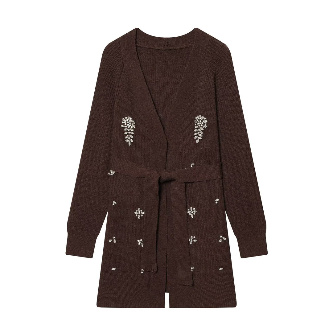 Women Autumn Winter Jewelry Bead Knitted Cardigan
