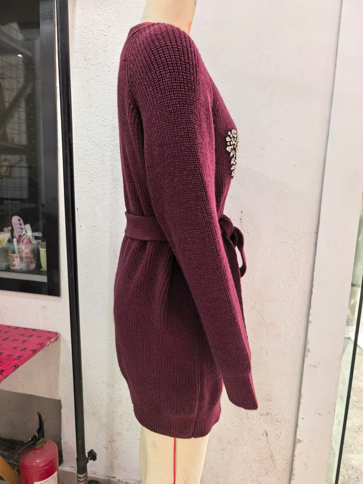 Women Autumn Winter Jewelry Bead Knitted Cardigan
