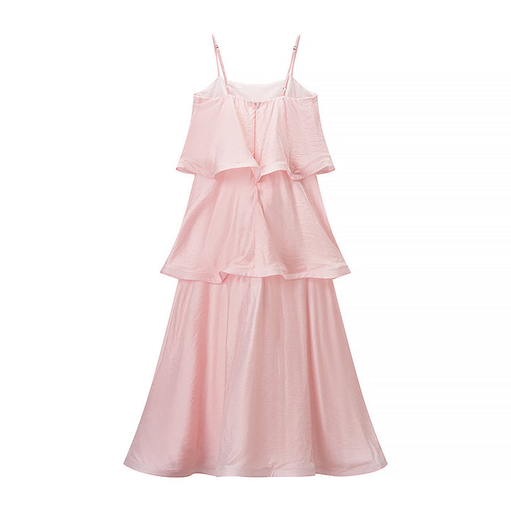 Fashionable Elegant Pink Multi Layer Wave Ruffled Spaghetti Straps Dress