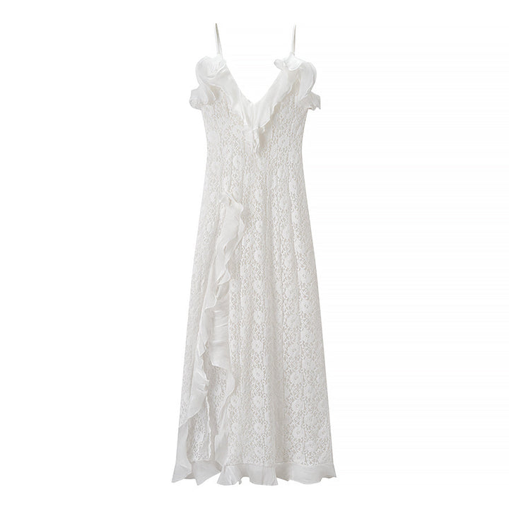 Women Clothing Autumn Sexy V neck Backless Wave Organ Ruffled Spaghetti Straps Dress