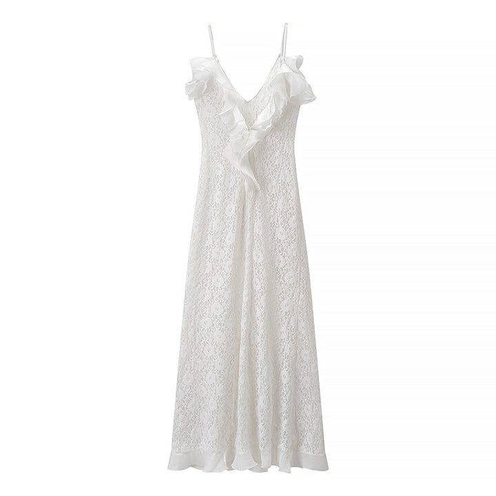 Women Clothing Autumn Sexy V neck Backless Wave Organ Ruffled Spaghetti Straps Dress