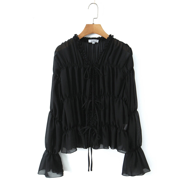 Gentle Pleated Lace up Chiffon Shirt Women Spring Loose Long Sleeve V neck Ruffled Chic Top
