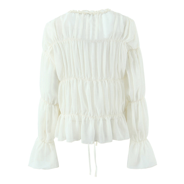 Gentle Pleated Lace up Chiffon Shirt Women Spring Loose Long Sleeve V neck Ruffled Chic Top