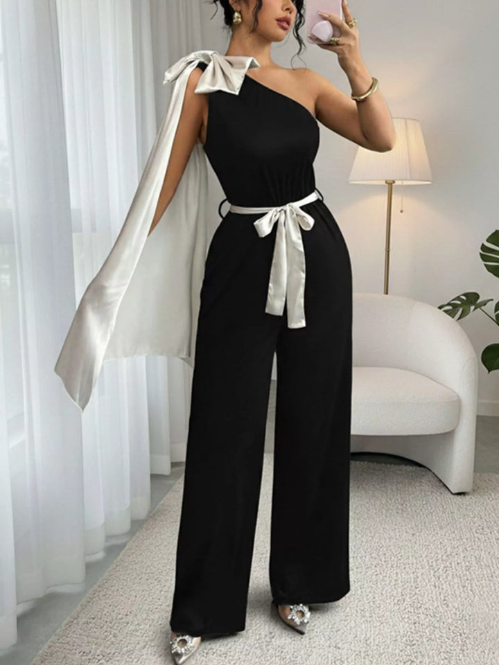 One-Shoulder Bowknot Wide Leg Jumpsuit