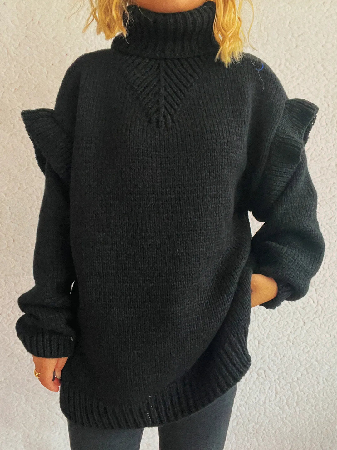 Ruffled Turtleneck Long Sleeve Sweater