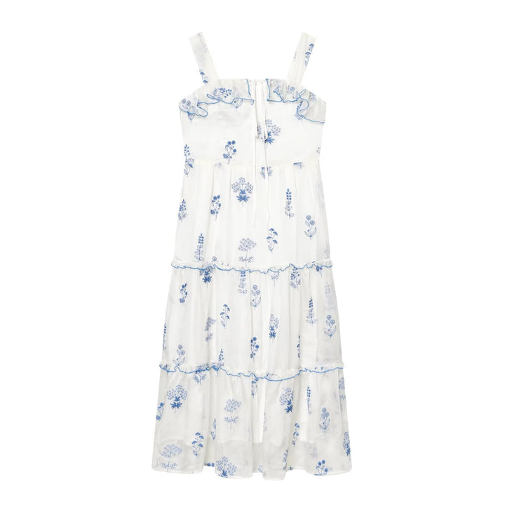 Gentle Sweet Lotus Leaf Lace up Embroidered off the Shoulder Slip Dress Dress Summer Slim Youthful Holiday Midi Dress