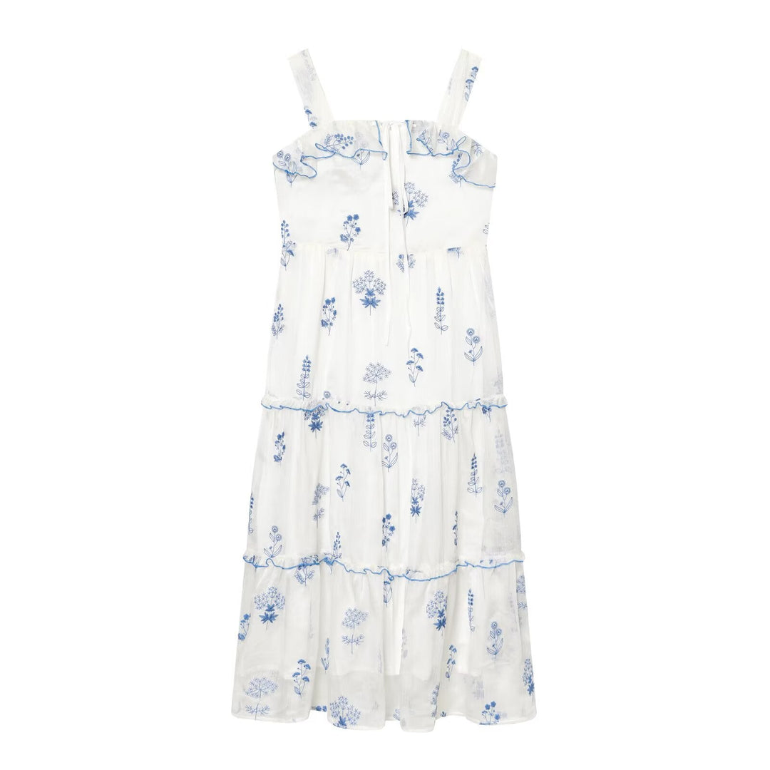 Gentle Sweet Lotus Leaf Lace up Embroidered off the Shoulder Slip Dress Dress Summer Slim Youthful Holiday Midi Dress