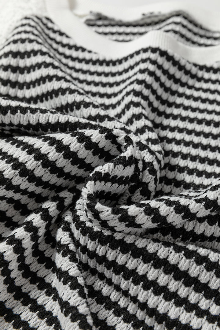 Black Stripe Textured Knit Contrast Hollowed Lace Patchwork Long Sleeve Top